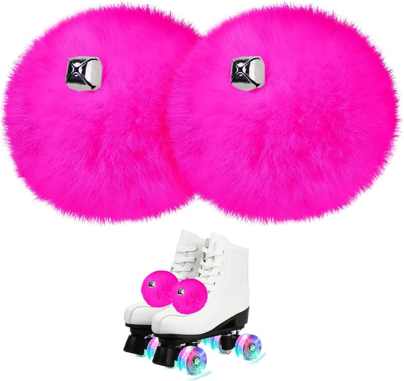 GUIFIER 2 PCS 8cm Roller Skate Pom Poms with Bells for Girls, Fluffy Faux Fur Pom Pom for Roller Skates, Tie on Roller Skate Pompoms Puff Balls with Shoelace, Quad Roller Skate Accessories (Hot Pink) - Image 1